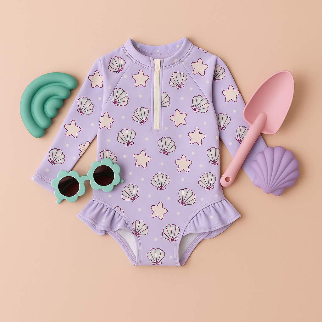 Mermaid Drift – Lavender Seashell Rashguard Swimsuit With Ruffles🧜♀️