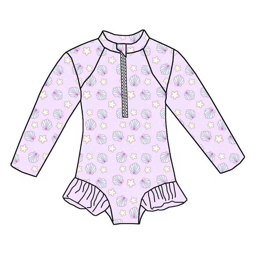 Mermaid Drift – Lavender Seashell Rashguard Swimsuit With Ruffles🧜♀️