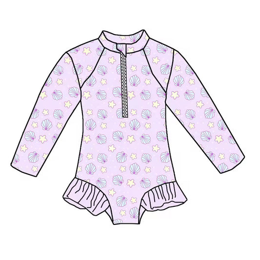 Mermaid Drift – Lavender Seashell Rashguard Swimsuit With Ruffles🧜‍♀️
